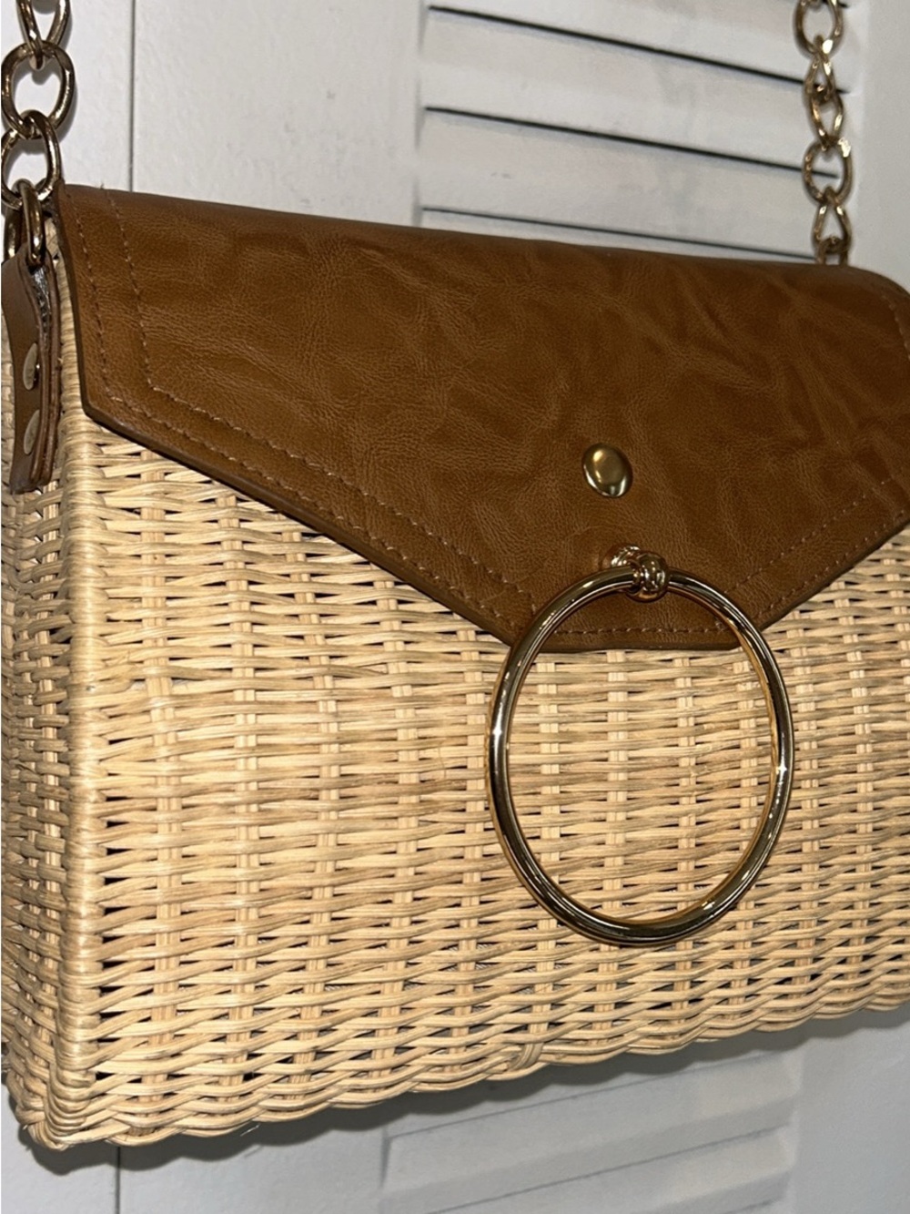 Woven Rattan Crossbody with Tan Faux-Leather Flap and Gold Ring